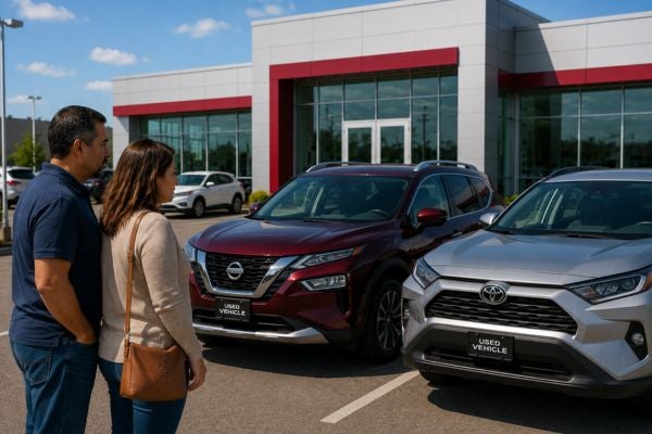 couple shopping used vehicles